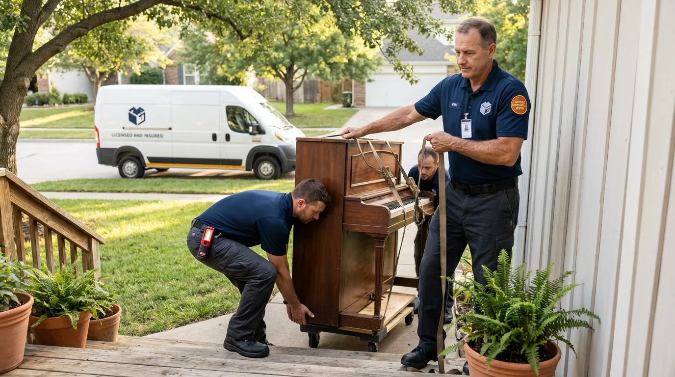 Licensed piano movers securing grand piano in Norwood, NJ