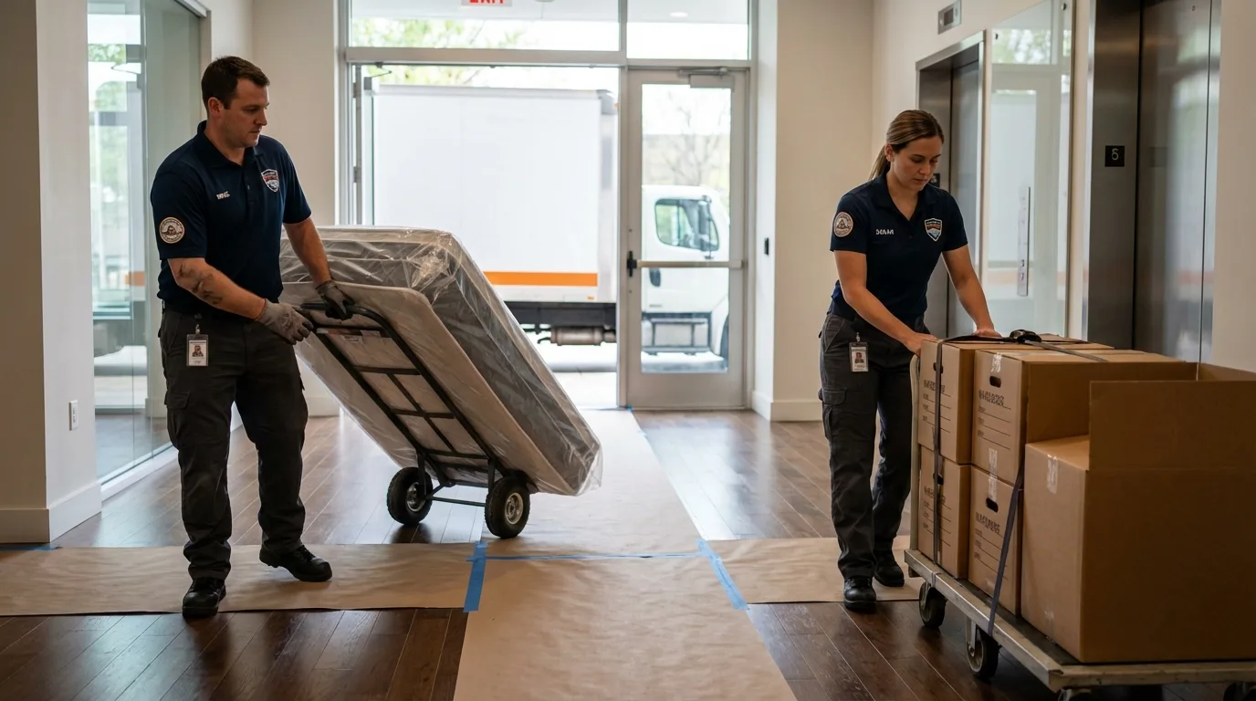 Professional apartment movers loading elevator in Norwood, NJ